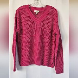 H Halston Women's Pink waffle knit‎ v neck sweater size xs